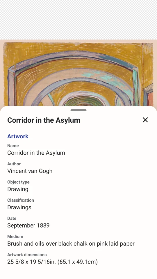English artwork details for Corridor in the Asylum by Vincent van Gogh, including date and medium.