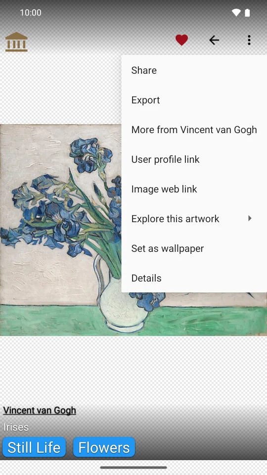 English image menu over Van Gogh’s Irises, with sharing, export, source and wallpaper actions.