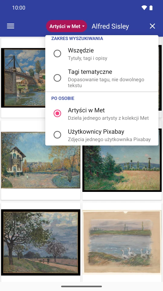 Polskie opcje wyszukiwania według słów kluczowych, tagów, użytkowników Pixabay i autorów Met.